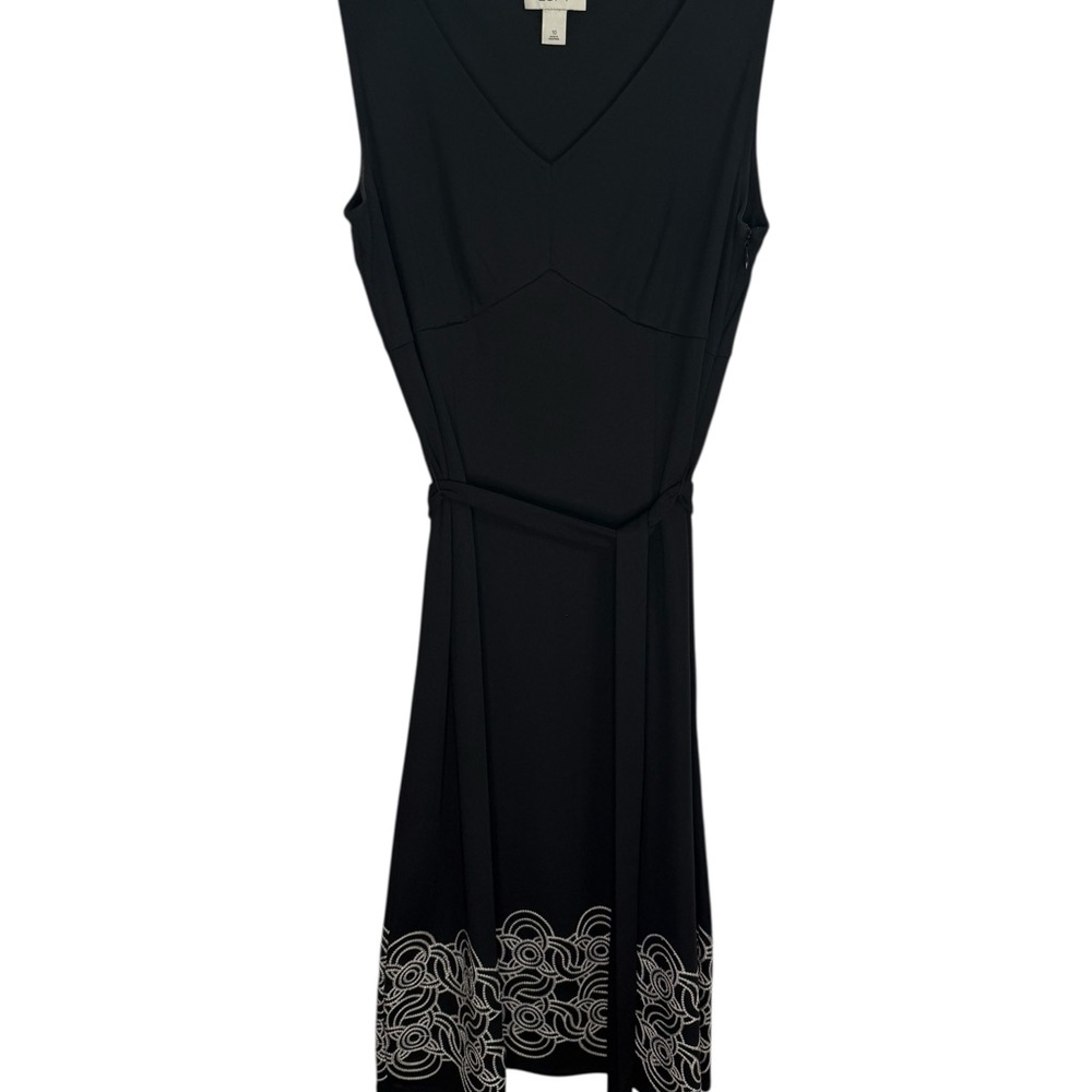 LOFT Ann Taylor Black Embroidered Midi Sleeveless Dress V-Neck Waist Tie Size 10 - Picture 7 of 13
